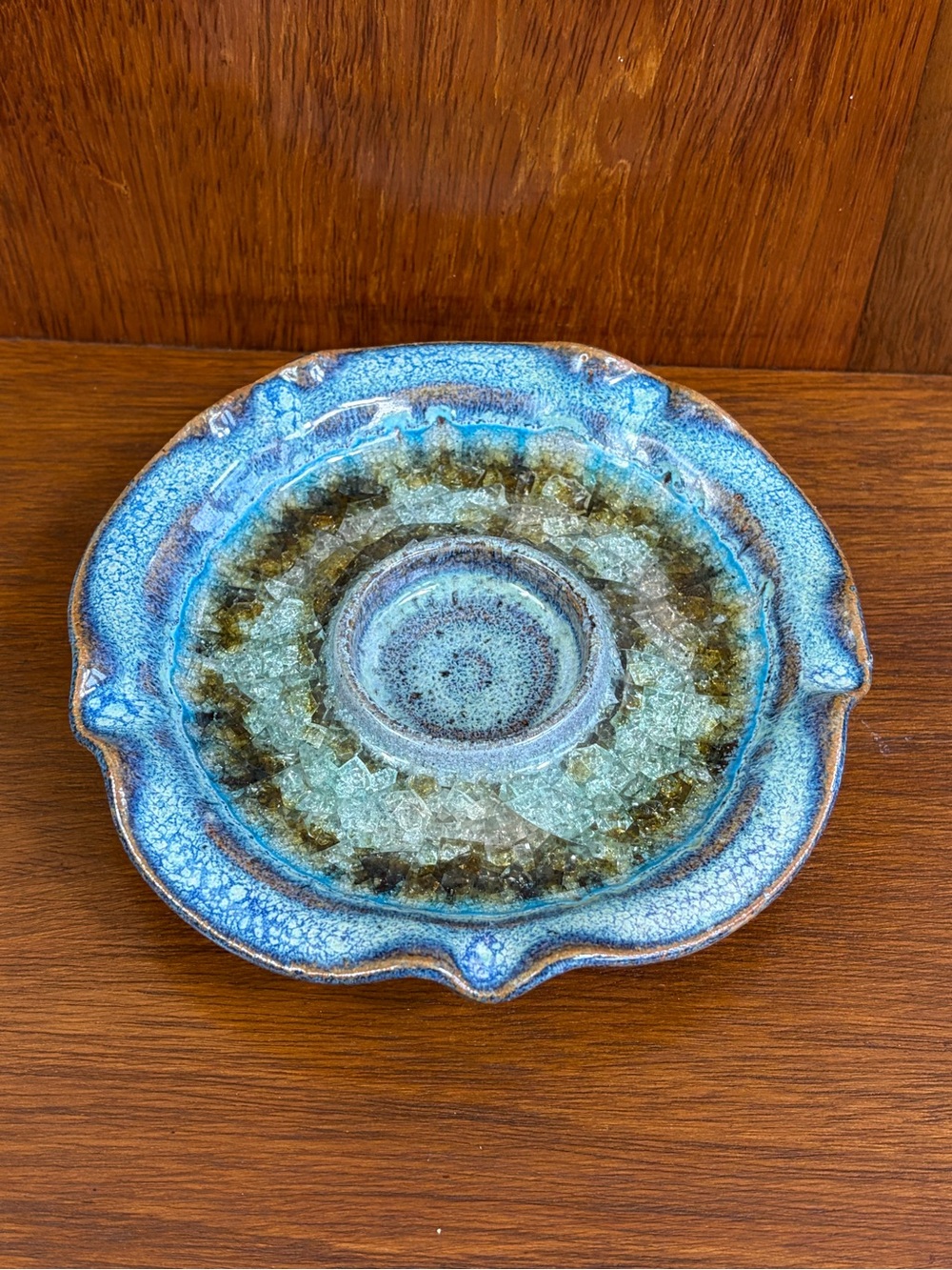 80's Studio Pottery Cerulean Blue Geode Votive Candle Holder Crackled Glass  USA